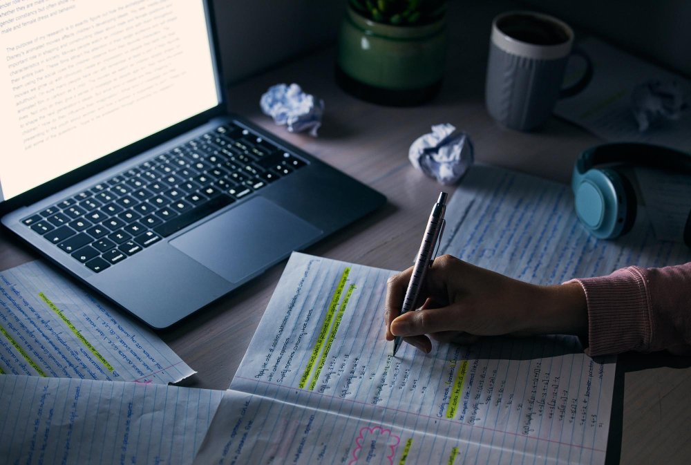 woman holding a pen with a laptop infront of her - Proposal Essay Examples