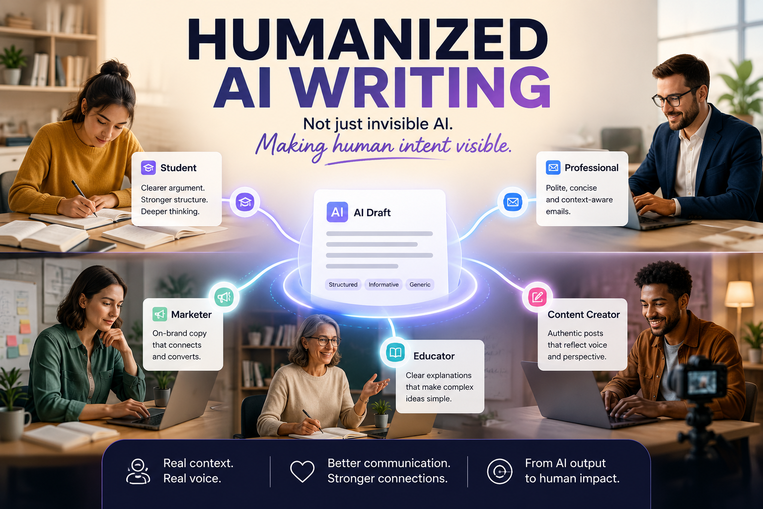 Shows the use cases of Humanised Ai writing.