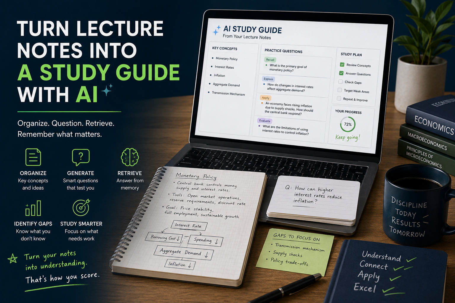 A student desk setup showing a laptop with an AI study guide dashboard, handwritten lecture notes, flashcards, textbooks, and a study checklist illustrating how to turn lecture notes into a study guide with AI.