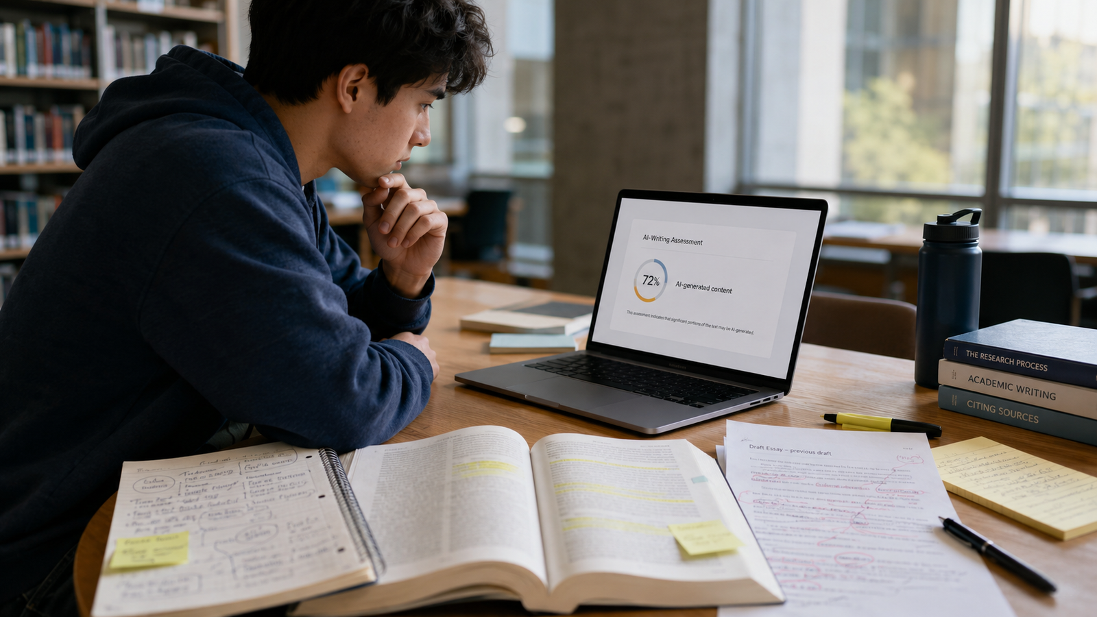 Student reviewing an essay after an AI detector flags the writing