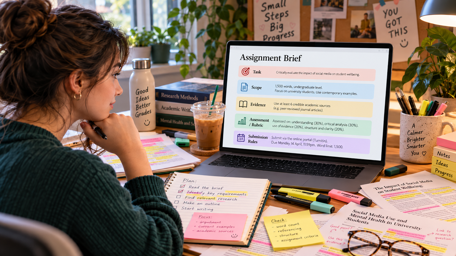Student reviewing an assignment brief on a laptop, surrounded by highlighted research papers, notes, highlighters, books and a checklist for task, scope, evidence, rubric and submission requirements.