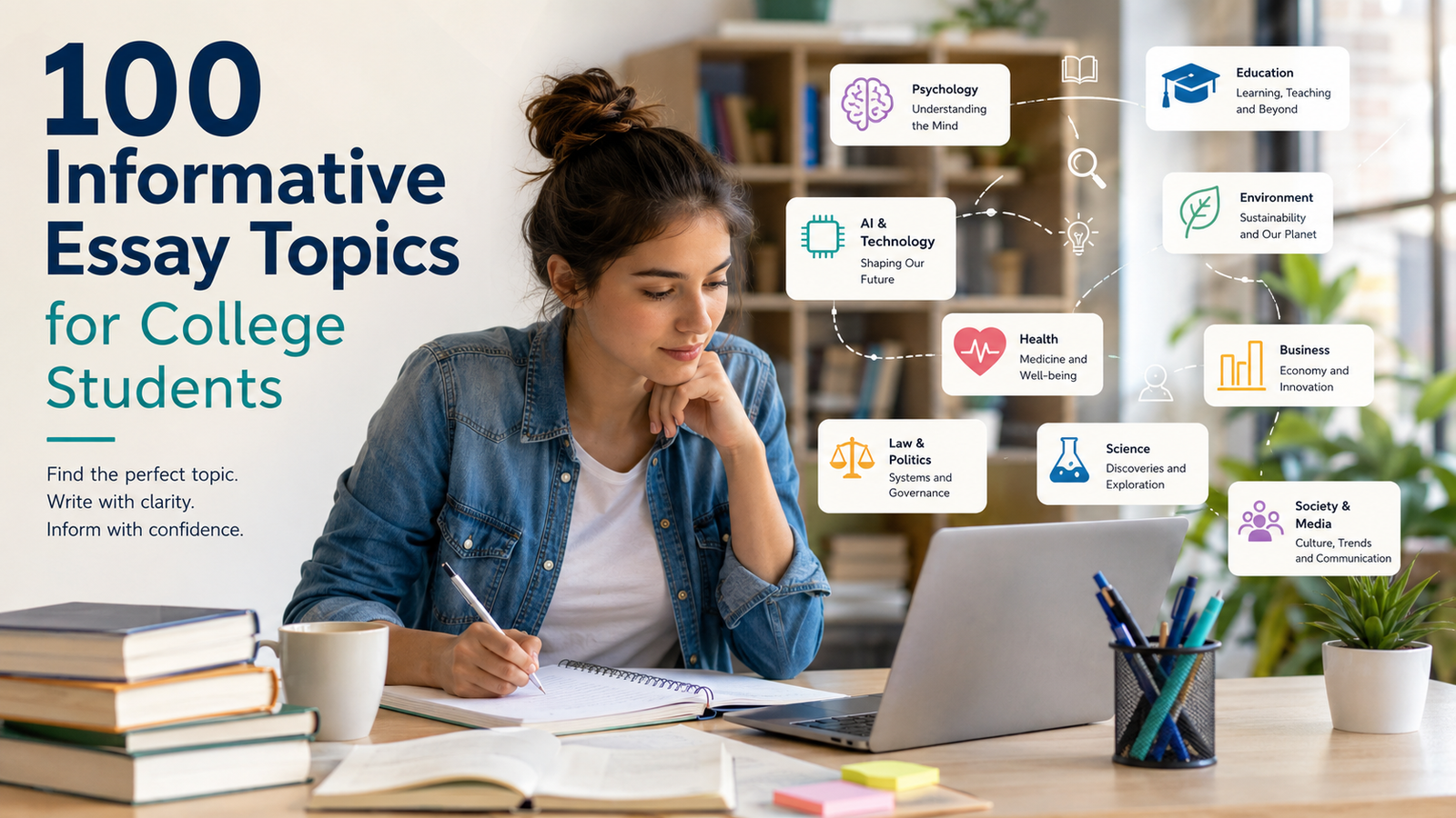 College student exploring informative essay topics across technology, psychology, health, business, science, environment, media, and law