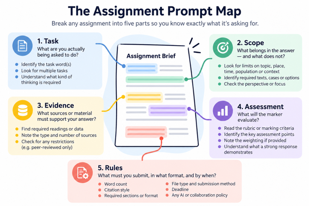 Five-part framework for breaking down an academic assignment prompt