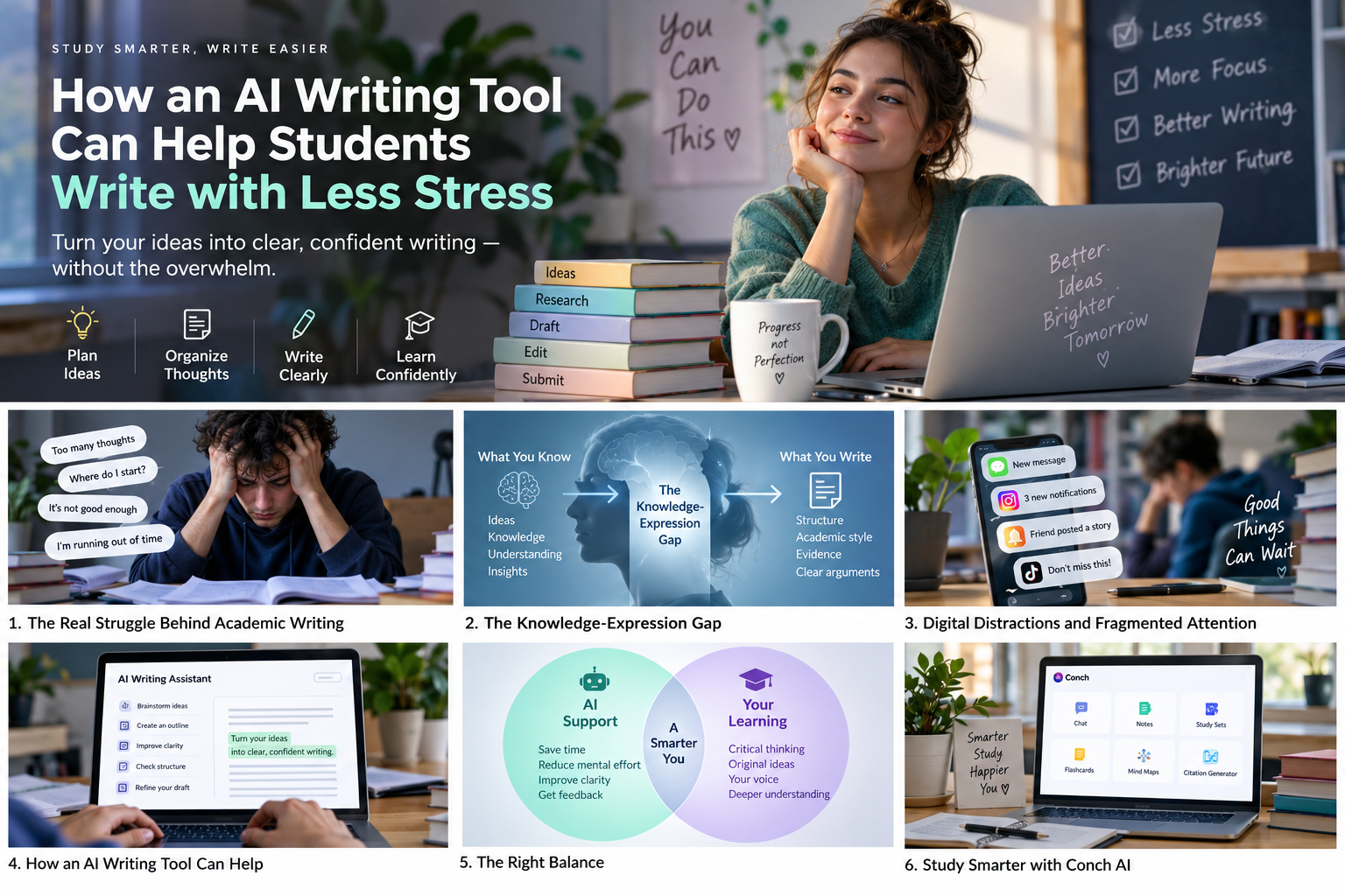 College student using an AI writing tool to organize research, improve writing, reduce academic stress, and study more effectively.