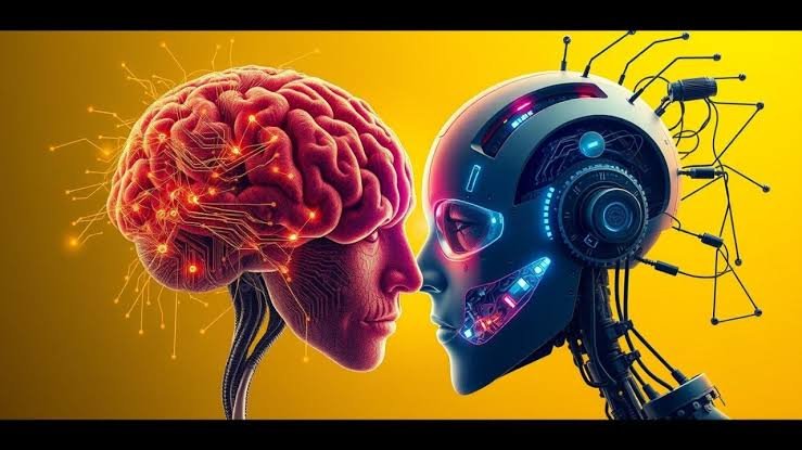 Humanoid AI robot and human facing each other, symbolizing the relationship between artificial intelligence and human potential.