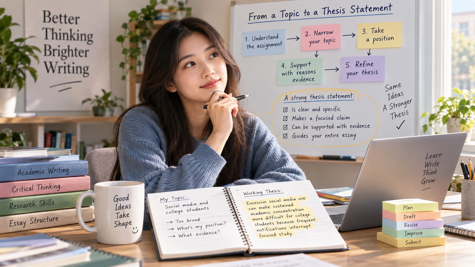 Student developing a thesis statement at a study desk using notes, evidence, and a step-by-step writing framework.