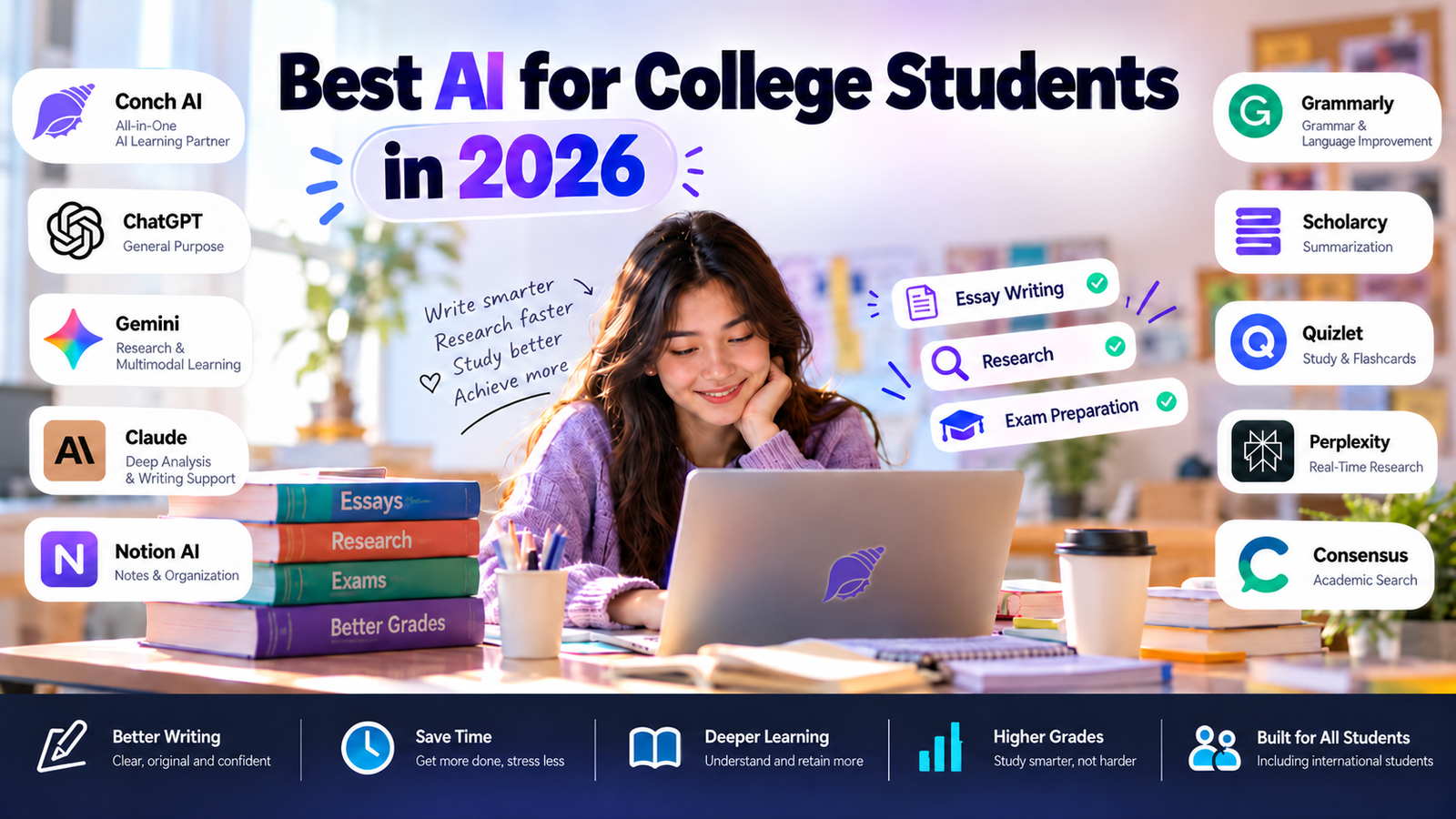 Best AI tools for college students in 2026, featuring Conch AI, ChatGPT, Gemini, Claude, Grammarly, and other study tools.