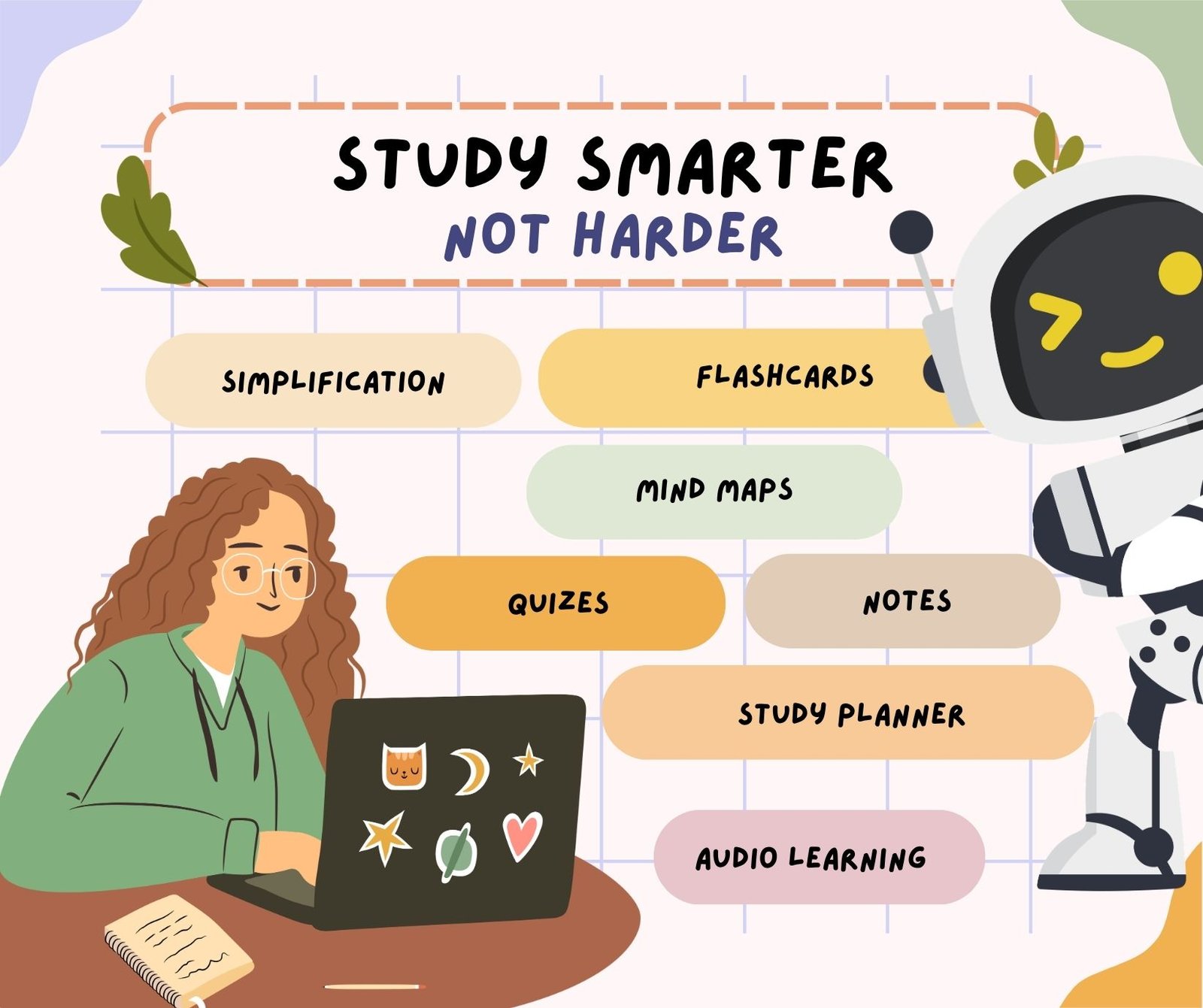 Student studying on a laptop beside an AI assistant, surrounded by study methods including simplification, flashcards, mind maps, quizzes, notes, study planning and audio learning.