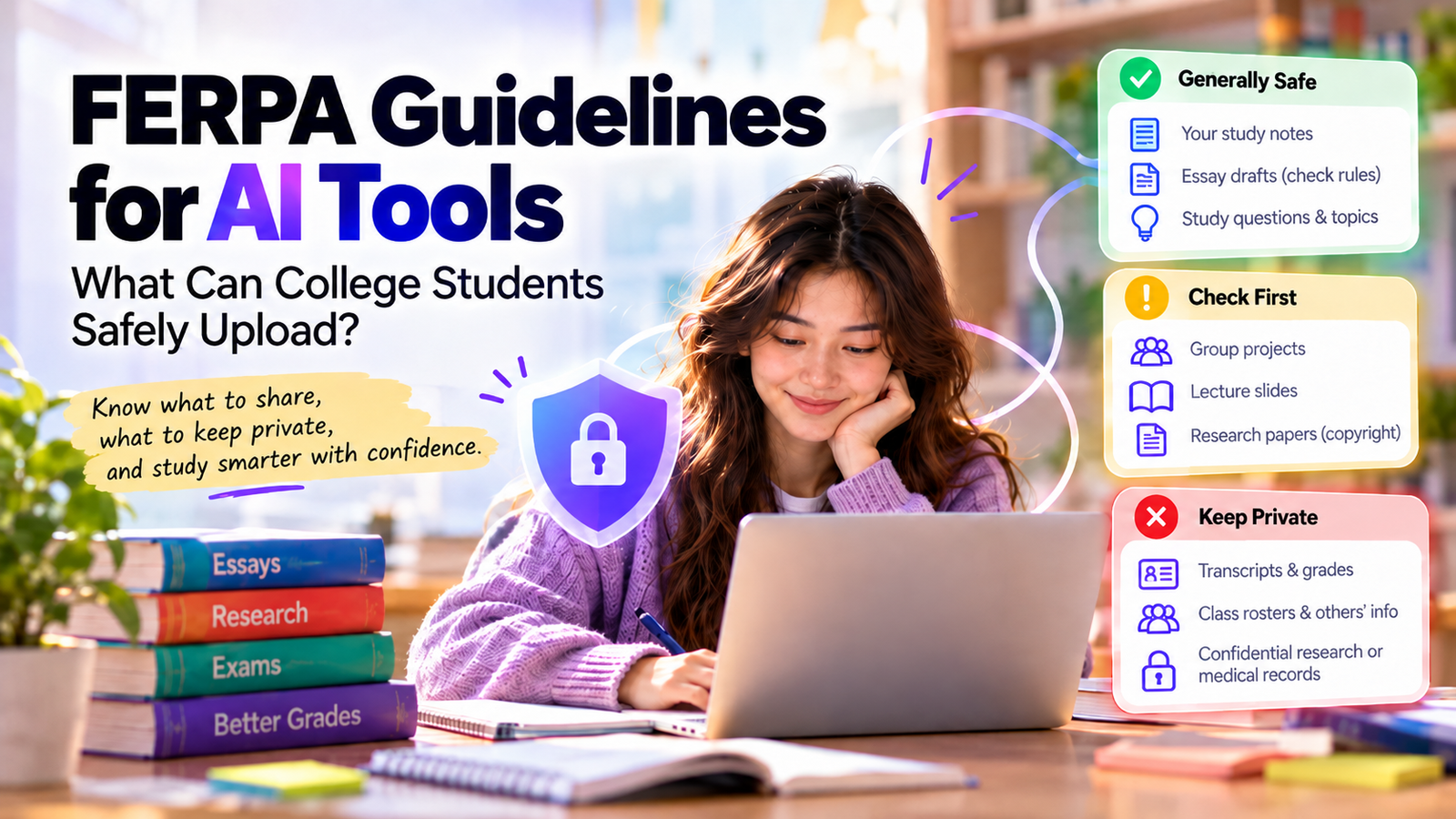 FERPA guidelines for AI tools showing a college student, privacy shield, and documents requiring different levels of protection.