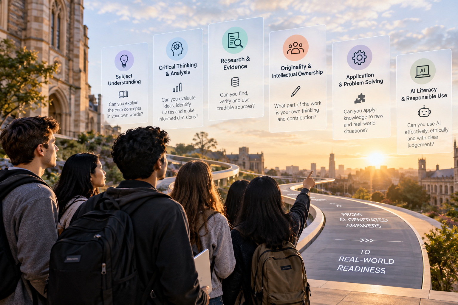 University students looking toward the future of AI in university assessment, highlighting critical thinking, research, subject understanding, originality, problem-solving, and AI literacy.