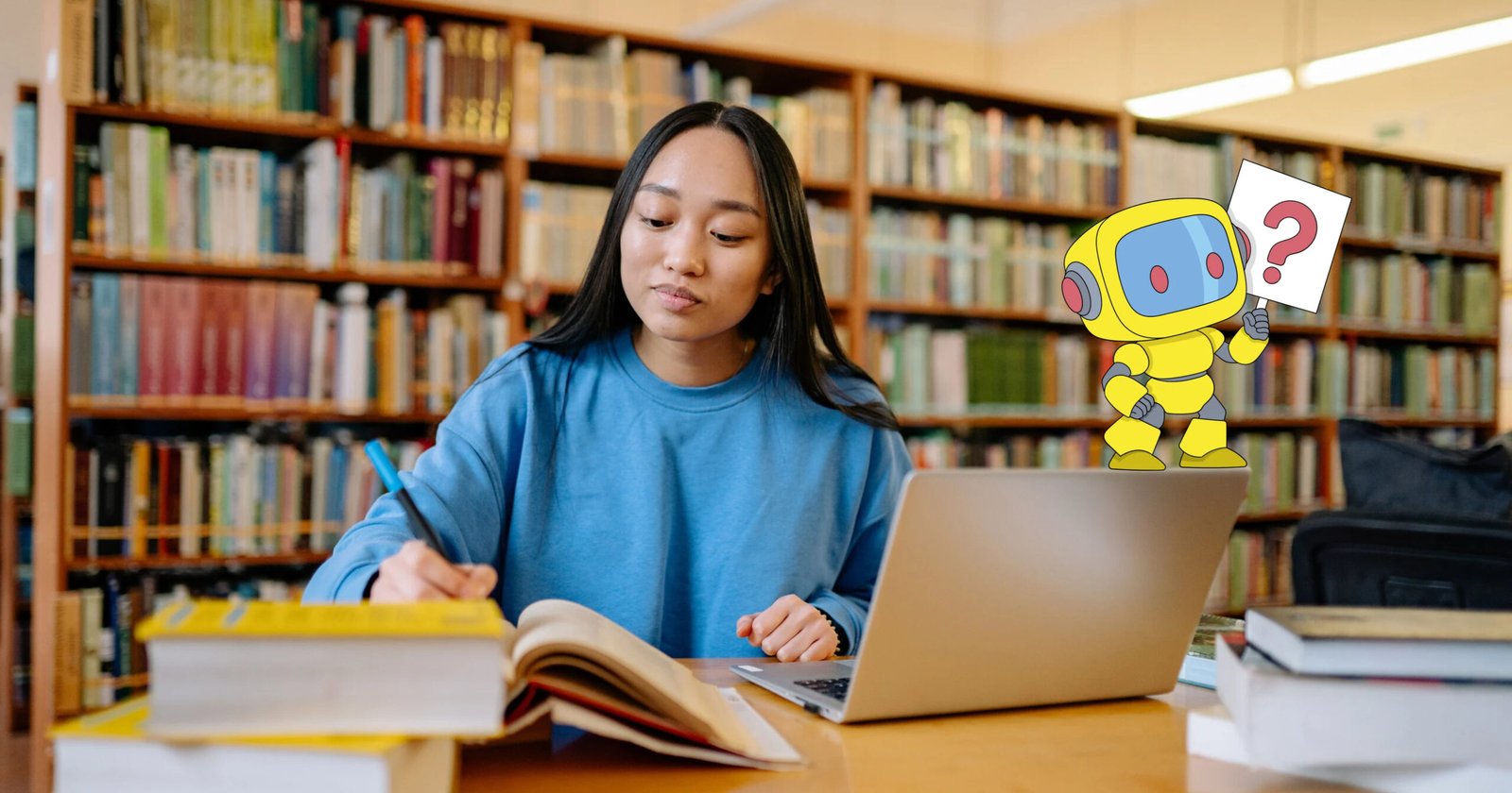Student using AI for research in a university library while taking notes beside a laptop and academic books.